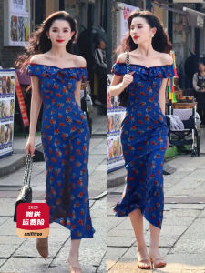 Summer Beauty Floral Print Wrap Waist Long Dress Chinese Style Cheongsam A-Line Skirt Short Sleeve City Commute Casual Wear