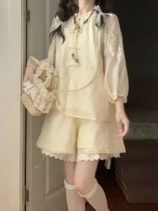 New Chinese Style Embroidered Heavy Work Casual Set Women Summer National Style Apricot Button Lantern Sleeve Doll Shirt Shorts Two Piece Set