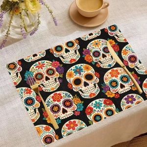 VIKAMA 2/4/6pcs Halloween Meal Mat Pumpkin Ghost Witch Bat Skull Castle Black Cat Skull Spider Web Linen Table Mat Desktop Decor