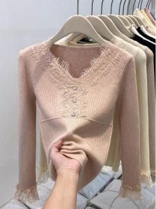WANGGONGZHU | Princess Style Lace Splice Knitted Top Womens Spring Autumn Elegant Inner Wear Design Sense Overhead Shirt Soft Comfortable