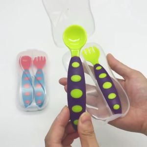 Baby Feeding Training Spoon Soft Silicone Utensils & Fork with Case No BPA