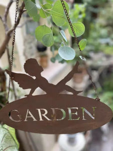 Bảng Trang Trí Nghệ Thuật Vườn Angel Rustic Iron Art Garden Silhouette Welcome Sign Decorative Plaque Home Decor