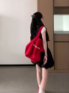 Red Letter Canvas Tote Bag Large Capacity Shopping Bag Eco-friendly Bag Single Shoulder Lazy Style Commuting New 2025 Model