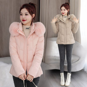 Winter Thickened Short Cotton Jacket Womens Large Fur Collar Slim Fit Warm Outerwear Coat Korean Style Commute Fashion