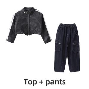 Childrens Jazz Dance Outfit Short Leather Jacket Set Workwear Pants Girls Dance Performance Clothes Cotton Ethnic Stage Costume
