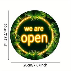 "We Are Open" Neon Sign Round Metal Wall Art Vibrant Yellow Tropical Leaf Design Waterproof Fade-Resistant Easy Hang Pre-Dril