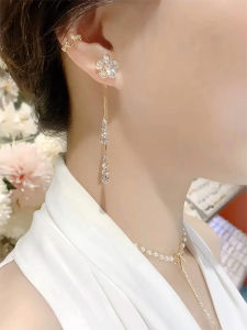 Elegant Long Dangle Earrings Women Fashionable Tassel Studs Dual Wear Zircon Flower Design High-End Feelings Jewelry Accessories