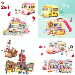 2 in 1 Play Kit School Bus Pet Shop Ice Cream Pirate Doll Bus Ship Birthday Christmas Gift Kids Toddler Children Fine Motor Skills Pirates Toy Pirate Shop Pet Shop Kitchen