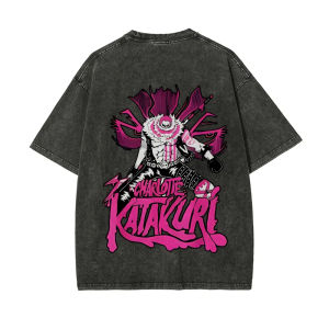 Bandai | One Piece Mens Womens Washed T-Shirt Charlotte Katakuri Clothing Summer and Spring Anime Y2k Tee Retro Distressed Short Sleeve