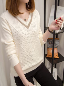 Womens V-Neck Knitted Long Sleeve Loose Thin Base Layer T-Shirt Spring Autumn New Style Outerwear Soft Korean Style Commute