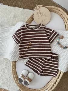 Brown Childrens Suit 2PCS Set New Summer Short Sleeve +Shorts Striped Boy Girl Child T-shirt Baby Clothes Childrens Clothing