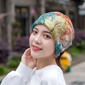 Turban Hat Women Headscarf Flower Print Windproof Breathable Sunscreen Outdoor Beanie Head Wrap Baggy Cap Female Headress