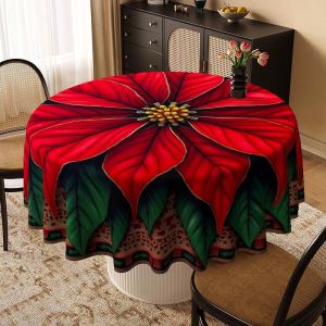 VIKAMA Poinsettia Round Tablecloth Red Christmas Flower Gold Outline Green Leaf Holly Berry Holiday Dining Round Table Cover