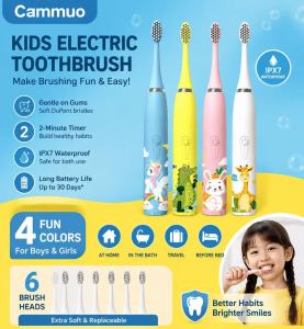 Cammuo Children Electric Sonic Toothbrush Soft Hair Waterproof Automatic Toothbrush With Cleaning Replacement Heads