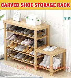 Carved Bamboo Shoe Rack Bench / Storage Rack / Seat Wearing Taking off Shoes Strong Organizer