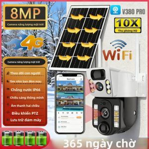Camera Giám Sát An Ninh Ngoài Trời 4G SIM Không Dây Năng Lượng Mặt Trời 4K Hai Ống Kính 8MP Wifi IP PIR Tầm Nhìn Ban Đêm PTZ V380 Pro
