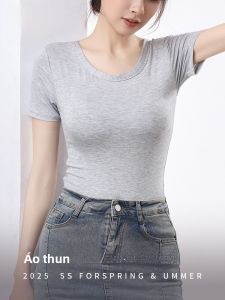 MiiOW | Áo thun nữ tay ngắn ôm vừa vặn màu xám không cần đeo áo ngực mùa hè 2025 MiiOW Cat Person Round Neck Short Sleeve Slim Fit