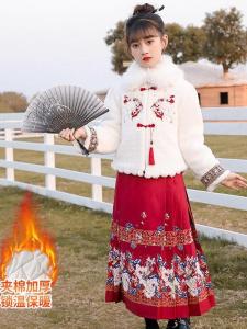 Girls Thickened Autumn Winter Cheongsam Red New Year Clothes Set Childrens Hanfu Tang Costume Bow Year Visit Dress up Outfit