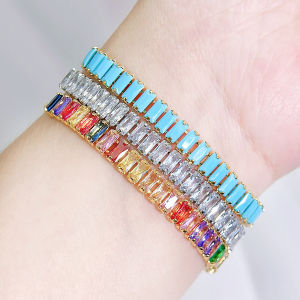 SEQUITO New Fashion Women Jewelry Silver Color Golden Pave Setting Colorful AAA Baguette Cut Cubic Zirconia Clothing Accessories Anniversary Gift B302