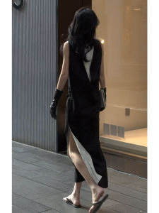 SHANGSHA | Stylish Sophisticated High-end Black Sleeveless Illusion Two-piece Dress