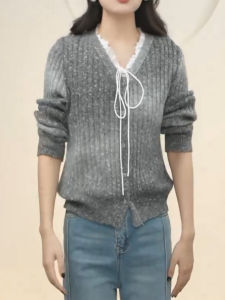QINGNAER | Vintage French V-Neck Tie Knit Cardigan Sweater