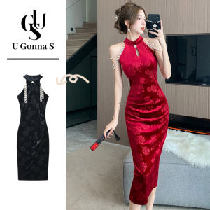 ชุดกี่เพ้ายาว2024ทันสมัยสำหรับผู้หญิงชุดรัดรูปกับมุกปกจีนเสื้อผ้าหรูหราเซ็กซี่แบบดั้งเดิมเสื้อผ้าแฟชั่นยืดได้ปาร์ตี้มื้อเย็นช่วงเย็นสีดำสีแดง
