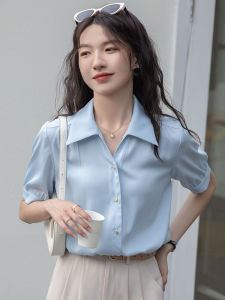 French Blue Satin Short Sleeve Shirt Womens Summer 2025 New Interview Professional Commute Formal V-neck Top Korean Style Loose Fit