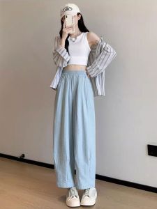 Ice Silk Grandmas Pants Female 2024 Summer New Arrival High Waist Casual Wide Leg Small Cropped Nougat Pastry Ankle-Tied Harem Pants
