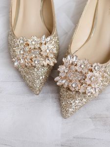 รองเท้าแต่งงานสีแชมเปญ รองเท้าส้นสูงประดับคริสตัล รองเท้าแฟชั่นฤดูใบไม้ร่วงสำหรับผู้หญิง รองเท้าแต่งงานแบบสวมสองชุด รองเท้าแต่งงานส้นสูง