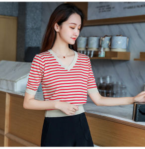 Black and White Stripes Short Sleeve T-Shirt Womens Summer Silm Shoulder Ice Silk Sweater Easiest for Match Small High Waist Crop Top