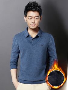 ROMON | Lormen Mens Fleece Lined Thickened Shirt Collar Knitted Sweater Fashionable Warm Winter Business Casual Slim Fit Long Sleeve