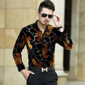 ชุดผู้ชายลายดอกไม้เสื้อเชิ้ตเข้ารูปผ้ากำมะหยี่สีทองแบบใหม่ฤดูใบไม้ร่วงและฤดูหนาวเสื้อเชิ้ตธุรกิจแขนยาวผ้าไหมหม่อนชุดคุณพ่อ
