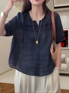 Loose Blouses Summer New round Neck Breasted Lace Design Thin Shirt Plus Size Casual Anti-Aging Top
