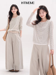 Áo Thun Cotton Cổ Tròn Dài Tay Kẻ Sọc HTmeme Star Sand Ring~ Áo Thun Nữ Dáng Rộng Thoải Mái Mùa Thu Phong Cách Thường Ngày