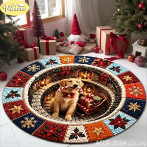 VIKAMA 3D Thảm Tròn Hình Tuần Lộc Dễ Thương Giáng Sinh Chống Trượt Có Thể Giặt Được Trong Nhà Trang Trí Phòng Khách Lễ Hội Thảm Trải Sàn Polyester Ấm Cúng