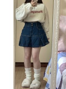 Váy Ngắn Denim Xếp Ly Cạp Cao Cho Nữ Mùa Hè Cỡ Lớn Che Bụng Dáng Quả Lê Váy Chữ a Váy Ngắn Cotton Phong Cách Đường Phố