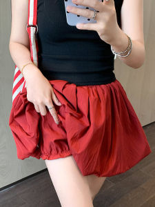 Pink Bloom Short Skirt Womens High Waist Slimming Anti-Light Pleated Puffy Pumpkin Pants Petite Half-length Skirt