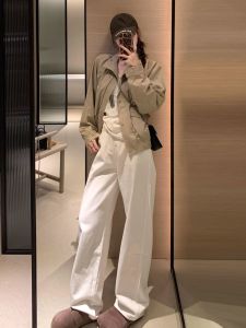 ขยายสูง เอว ขาตรง เดนิม กางเกงยีนส์ ผู้หญิง หลวม Fit Drapey ขากว้างยาวพื้น กางเกง ฤดูใบไม้ร่วง Vintage สีขาว