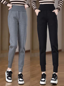 Fleece Lined Thick Long Plush Harlan Pants Casual Trousers for Women High Waist Loose Fit Korean Style Polyester Cotton Blend