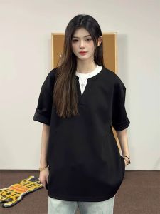 American Style V-Neck Short Sleeve Fake Two-Piece T-Shirt Cleanfit High-End Feeling Five-Quarter Sleeve Summer Trendy Brand Youth Casual Breathable Thin Polyester Fiber Short Length Solid Color