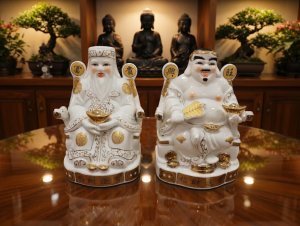 Cặp Tượng Thần Tài Thổ Địa Trắng Chéo Chân Chất Liệu Sứ Dát Vàng Cao Cấp Đặt Bàn Thờ Thần Tài (Tài Địa Trắng Chéo Chân)