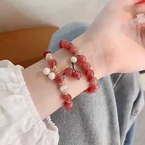 AURORA Shiny Natural Strawberry Pink Crystal Natural Freshwater Pearls Opal Bracelet HB1437 / HB1438