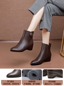 Fleece Lined Leather Short Boots Chunky mid Heel round Toe Winter Warm Shoes for Mom Large Size Soft Bottom Brown Boots