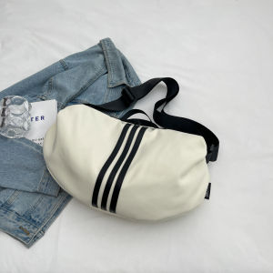 Casual Large Capacity Striped Tote Bag Womens Fashion Sporty Underarm Bag Niche Design 2025 New Style Mixed Material Zipper Closure