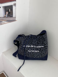 Retro Leopard Print Double-Sided Denim Tote Bag Large Capacity Casual Slant Crossbody Bag Lazy Style Single Shoulder Bag