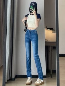 High Waist Straight Leg Denim Jeans Womens Spring Autumn Slimming Elastic Cotton Denim Pants Simple Versatile Blue Jeans