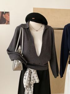 Slimming Effect Polo Neck Long Sleeve Knitted Sweater Womens Stylish Casual Style Fashionable Autumn Early Season Top