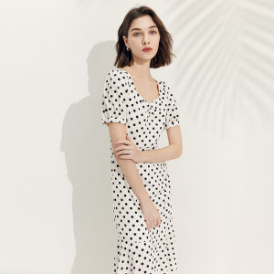 MeetMetro French Vintage Polka Dot Print Dress Summer Elegant Waist Cinched Blouse Polyester Fiber Bubble Sleeve High Waist
