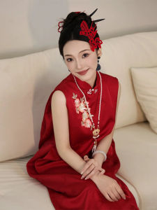 Elegant Red Embroidered Wedding Dress New Chinese Style Sleeveless Qipao for Bridesmaid And Engagement Parties High Waist A-Line Skirt