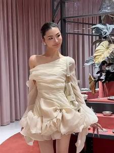 Korean Style Gentle Fairywood Bow Off-Shoulder Slim Fit Evening Dress